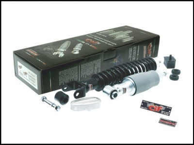 Amortecedor de suspensão preto com mola, caixa preta e componentes acessórios