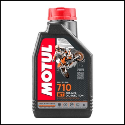 Frasco preto de óleo para motor Motul 710 2T com tampa vermelha e rótulo colorido