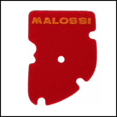 Filtro de ar vermelho com texto MALOSSI amarelo e recortes