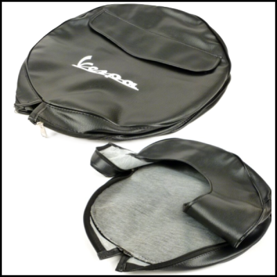 Duas bolsas redondas pretas com logo Vespa em branco e fecho, uma aberta mostrando interior cinza.