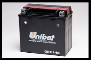 Bateria Unibat preta CBTX14-BS com etiqueta branca e amarela