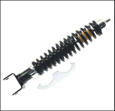 Amortecedor automóvel preto com mola em espiral e componente metálico prateado