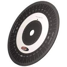 Disco de medição circular preto e branco com marcação de graus