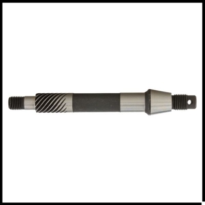 Eixo metálico com roscas e ranhuras em fundo branco