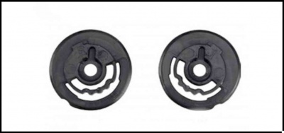 Duas peças circulares pretas em plástico com orifício central