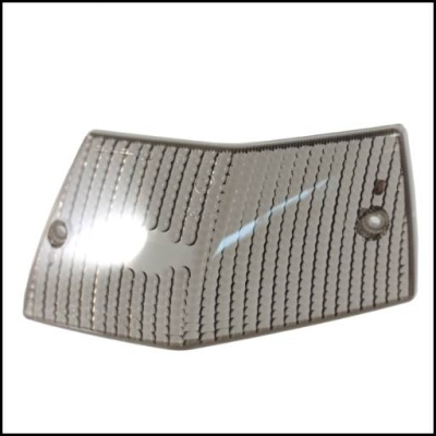 Refletor retangular translúcido cinzento com padrão ondulado e ranhuras para fixação.