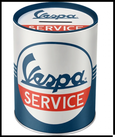 Lata metálica decorativa com inscrição Vespa SERVICE em azul, branco e vermelho