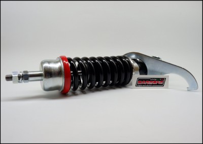 Amortecedor com mola preta e componentes metálicos prateados