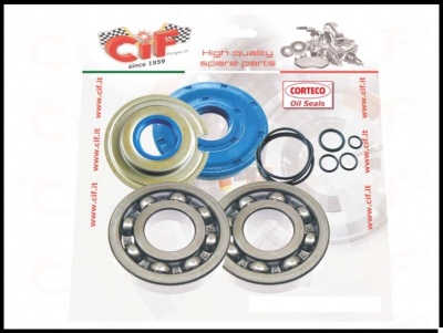 Peças sobresselentes de metal e borracha sobre embalagem com texto CIF e Corteco Oil Seals.