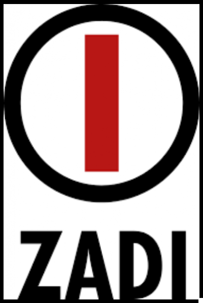 Logótipo com círculo preto, retângulo vermelho e texto ZADI em preto