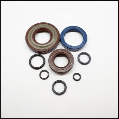 Conjunto de anéis de vedação e retentores circulares em borracha e metal sobre fundo branco