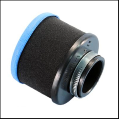 Filtro de ar ciclónico com espuma preta, aro azul e conexão metálica