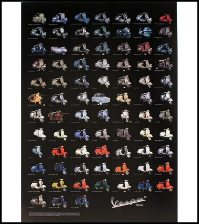 Coleção de motos Vespa vintage coloridas organizadas em grid sobre fundo preto