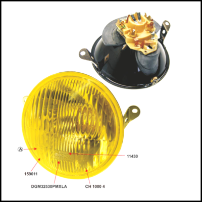Faróis redondos amarelos com base preta e códigos visíveis na lente