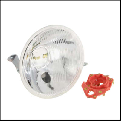 Par farol redondo com lente de vidro transparente e suporte metálico e conector vermelho