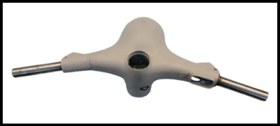 Chave de fenda em formato de T com corpo branco e extremidades metálicas