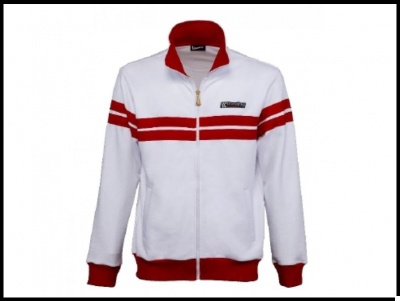Casaco desportivo branco com riscas vermelhas e logótipo Correios