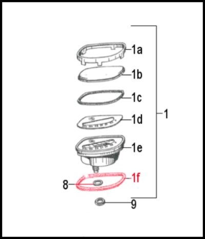 Desenho técnico de componente eletrónico desmontado em partes numeradas, a preto e branco