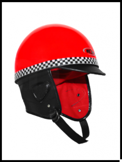 Capacete aberto vermelho com faixa xadrez preto e branco, interior vermelho e tiras pretas.
