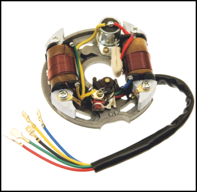 Stator de motor elétrico com fios coloridos e enrolamentos de cobre