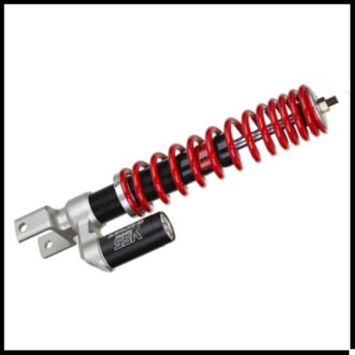 Amortecedor automóvel com mola vermelha e corpo metálico