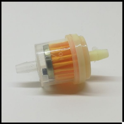 Filtro de combustível transparente com elemento amarelo e conexões em bico