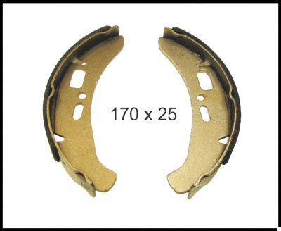 Sapatas de travão metálicas com material de fricção castanho e texto 170 x 25.