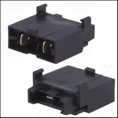 Conector elétrico preto com dois pinos metálicos em fundo branco