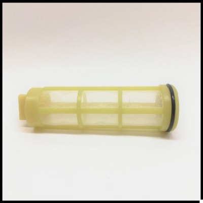 Filtro cilíndrico amarelo com malha e anel de vedação preto