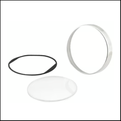 Componentes de relógio separados: pulseira preta, moldura metálica prateada e vidro redondo transparente