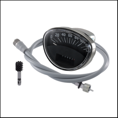 Velocímetro analógico com cabo cinzento e peça de engrenagem preta