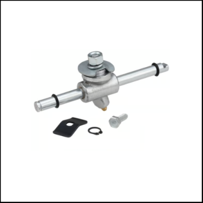 Conjunto metálico com eixo cilíndrico, porca, parafuso e acessórios sobre fundo branco