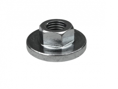 Porca metálica prateada com base circular