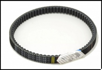 Correia dentada preta circular com etiqueta branca