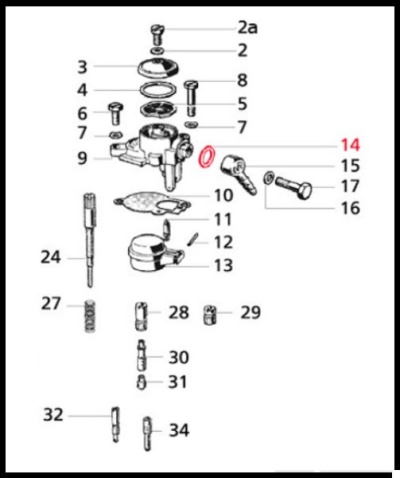 Desenho técnico de peça mecânica desmontada com 34 componentes numerados