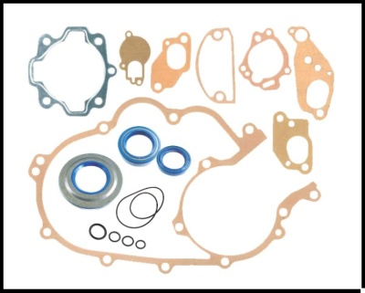 Conjunto de juntas para motor com peças de cortiça, metal e vedantes azuis e pretos