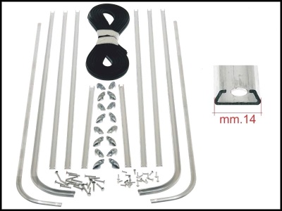 Conjunto de varas metálicas, parafusos, ferragens e corda preta com etiqueta mm.14