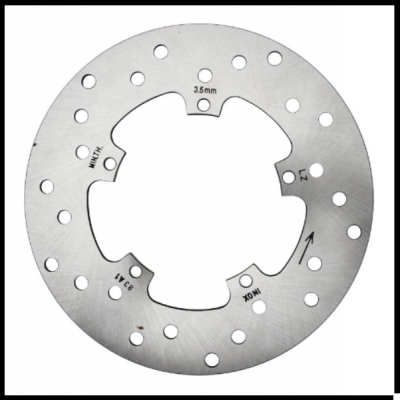 Disco de travão metálico circular prateado com furos e marcas pretas