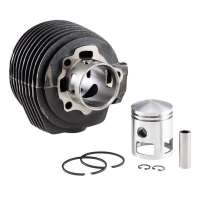 Conjunto de motor com cilindro preto, pistão prateado e acessórios metálicos