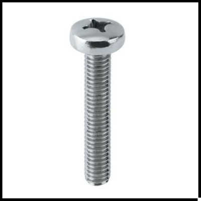 Parafuso metálico prateado com cabeça redonda e fenda em cruz