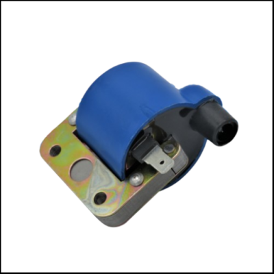 Bobina de ignição azul com base metálica e conectores elétricos