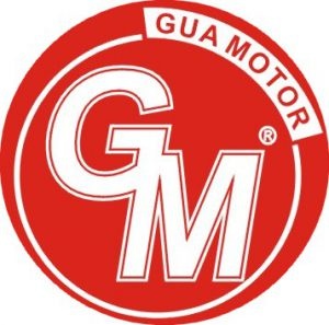 Logótipo circular vermelho com letras brancas GM e texto GUA MOTOR