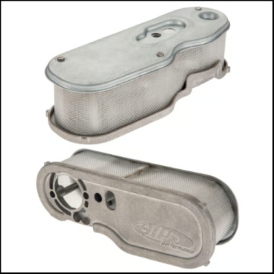 Dois filtros metálicos cinzentos para automóveis com inscrição SIP PERFORMANCE.