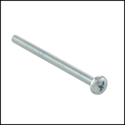 Parafuso metálico prateado com rosca e cabeça redonda com fenda em cruz