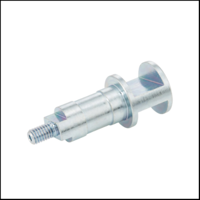 Peça metálica prateada cilíndrica com rosca e entalhes