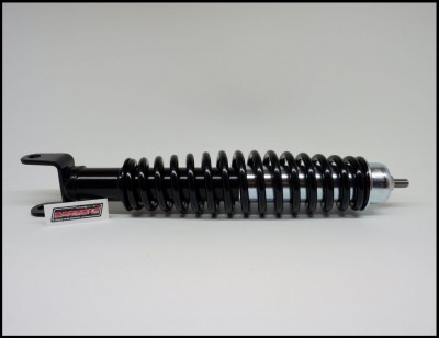 Amortecedor preto com mola helicoidal e acabamento metálico