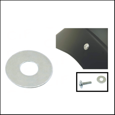 Arruela metálica prateada e parafuso prateado com rosca sobre fundo branco