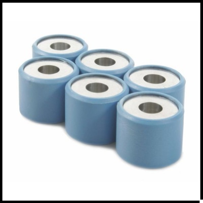 Seis roletes cilíndricos azuis com centro metálico