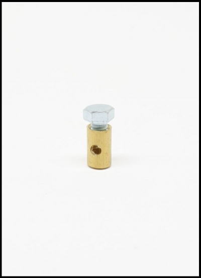 Componente metálico com parafuso e cilindro dourado em fundo branco