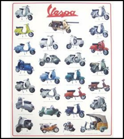 Cartaz com várias ilustrações coloridas de lambretas Vespa e o título Vespa em vermelho.